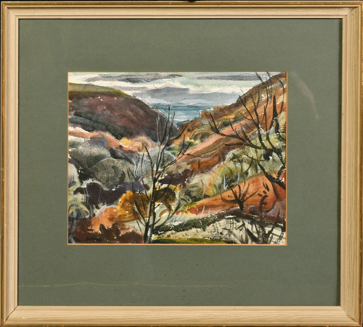 Attributed to Rowland Suddaby (1912-1972), a valley view, watercolour and gouache, indistinctly - Image 2 of 3