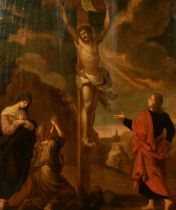 Late 17th Century Flemish School, Christ on the cross with saints in attendance, oil on panel (