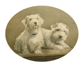 G. Leccombe (possibly Seccombe), Early 20th Century, a pair of terriers on a table, watercolour,