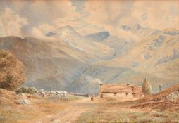 Circle of Alfred William Hunt, figure outside a cottage in a mountain valley, 7.5" x 10.5" (19 x