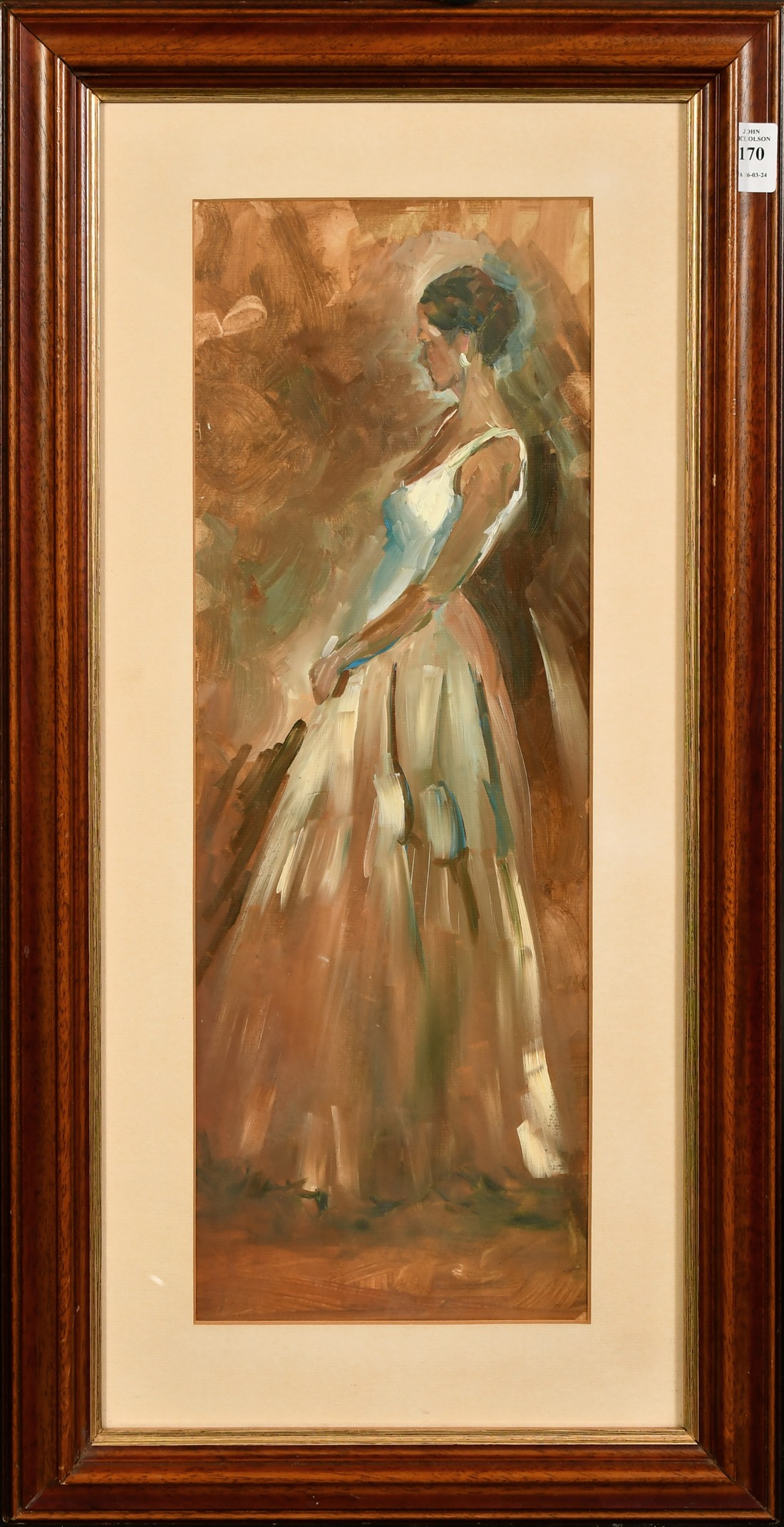 Sheree Valentine-Daines, 'Lady in White', oil on board, with clipped label verso, 20" x 7" (51 x - Image 2 of 4