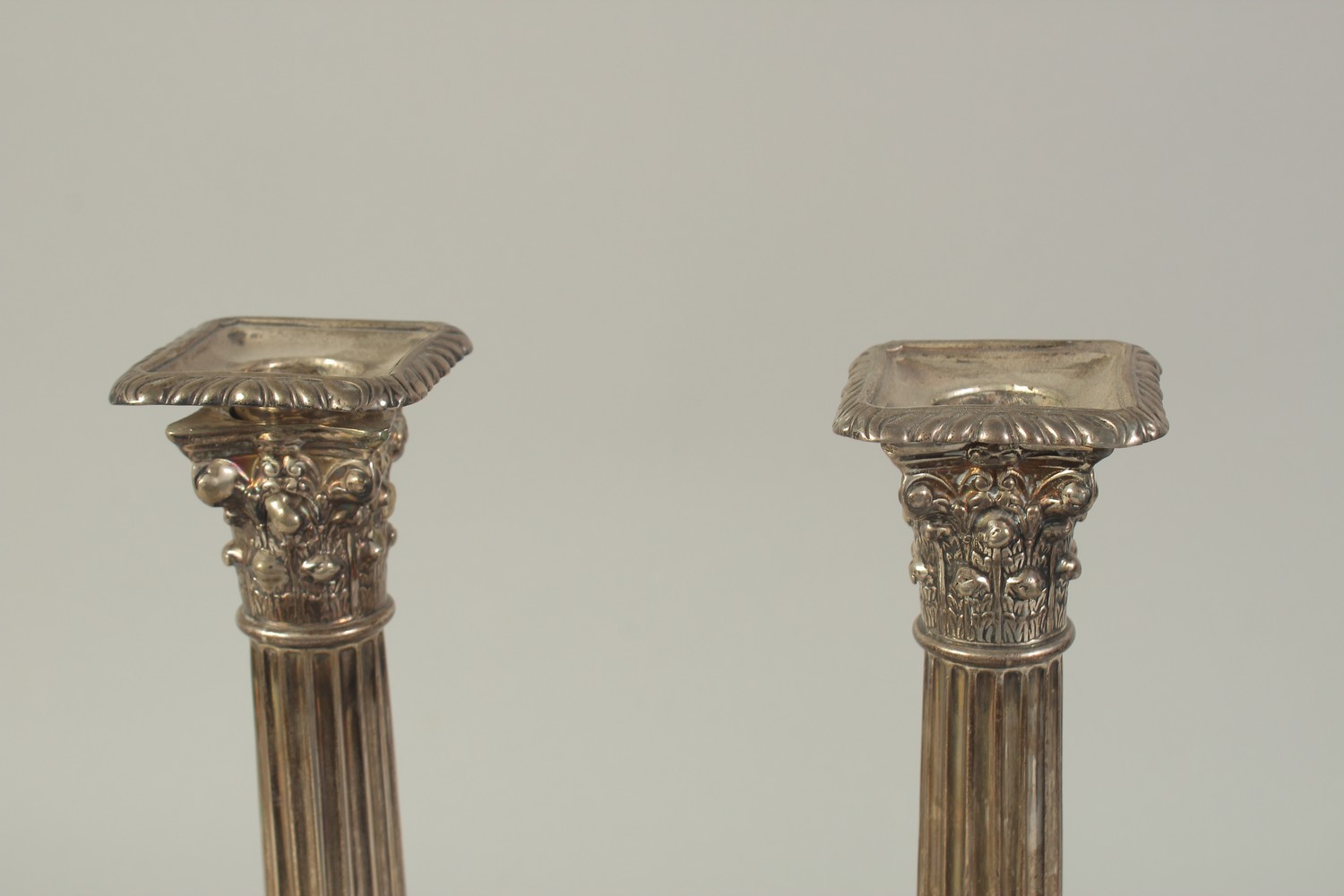 A GOOD PAIR OF VICTORIAN SILVER CORINTHIAN COLUMN CANDLESTICKS on square loaded bases. 13ins high. - Image 3 of 5