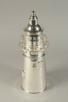 A SILVER PLATED LIGHTHOUSE COCKTAIL SHAKER. 13ins high.