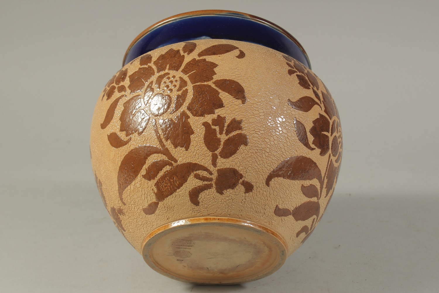 A ROYAL DOULTON SLATERS PATENT STONEWARE CIRCULAR JARDINIERE with blue rim, the body with leaves. - Image 5 of 5