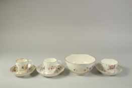 A WORCESTER BOWL, painted with dry blue and gilt flowers, a tea bowl, coffee cup and two saucers,