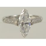 A SUPERB MARQUISE BRILLIANT CUT RING, 2.01carat ring, small diamonds to the shoulders Colour C, V