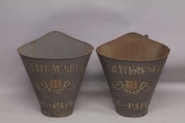 A PAIR OF CHATEAUNEUF-DU-PAPE TIN GRAPE HOPPERS.