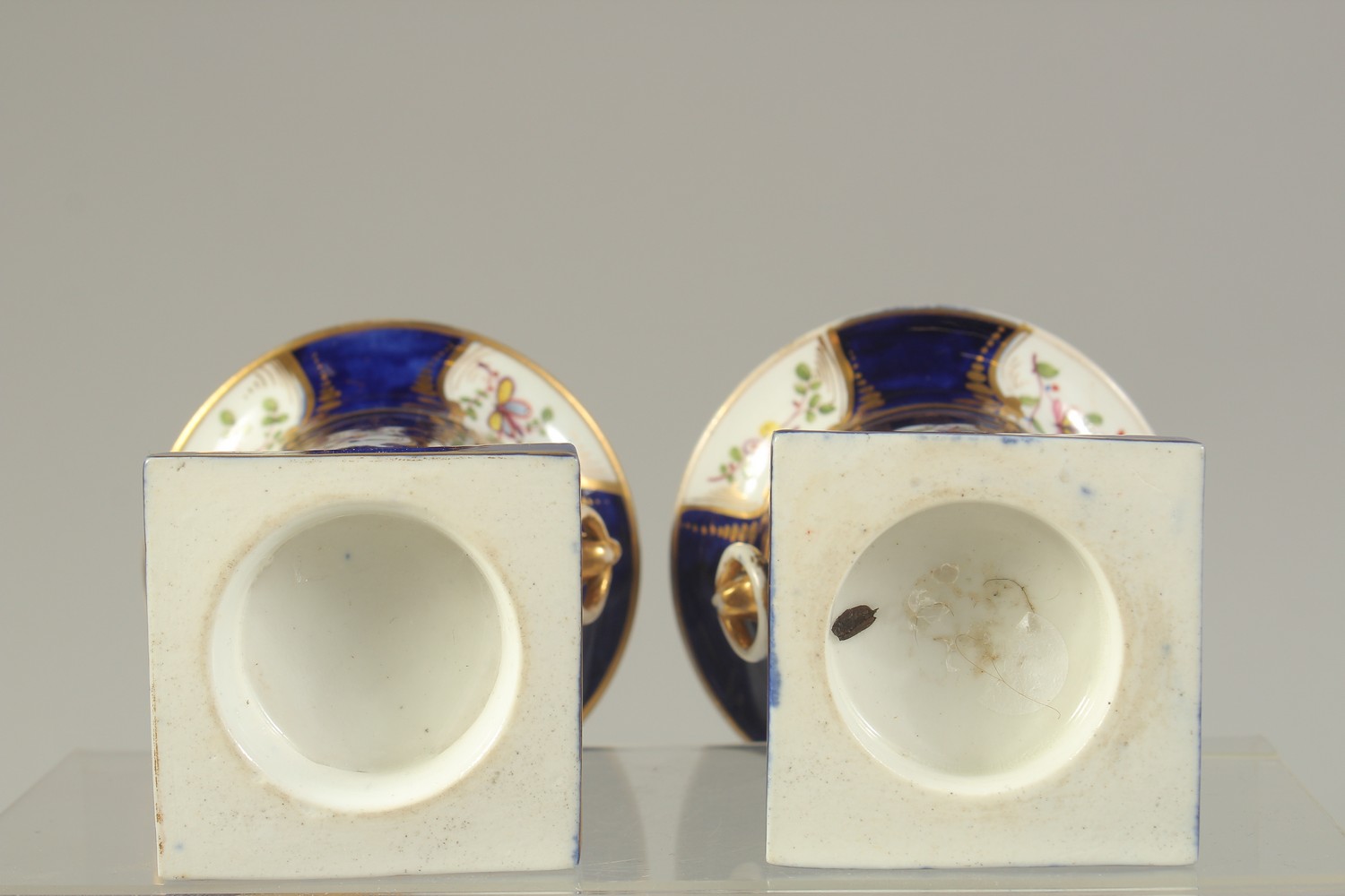 ENGLISH PORCELAIN SPILL HOLDERS, probably Chamberlains, painted with birds and flowers within cobalt - Image 3 of 3