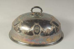 A LARGE VICTORIAN SILVER PLATED OVAL MEAT COVER