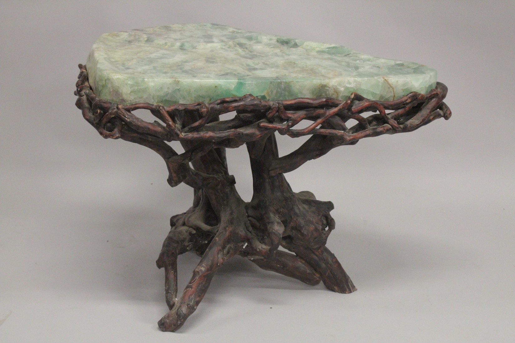 A SUPERB MARBLE TOP TABLE with rustic base. 2ft 4ins long, 1ft 10ins wide at the longest point. - Image 6 of 6