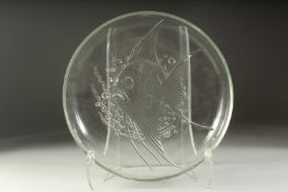 A GOOD LARGE ART DECO GLASS CIRCULAR DISH with a large angel fish in relief. 12ins diameter.