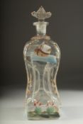 A VICTORIAN FOUR DIVISION DECANTER AND STOPPER, painted with ducks and a windmill etc. 14ins high.