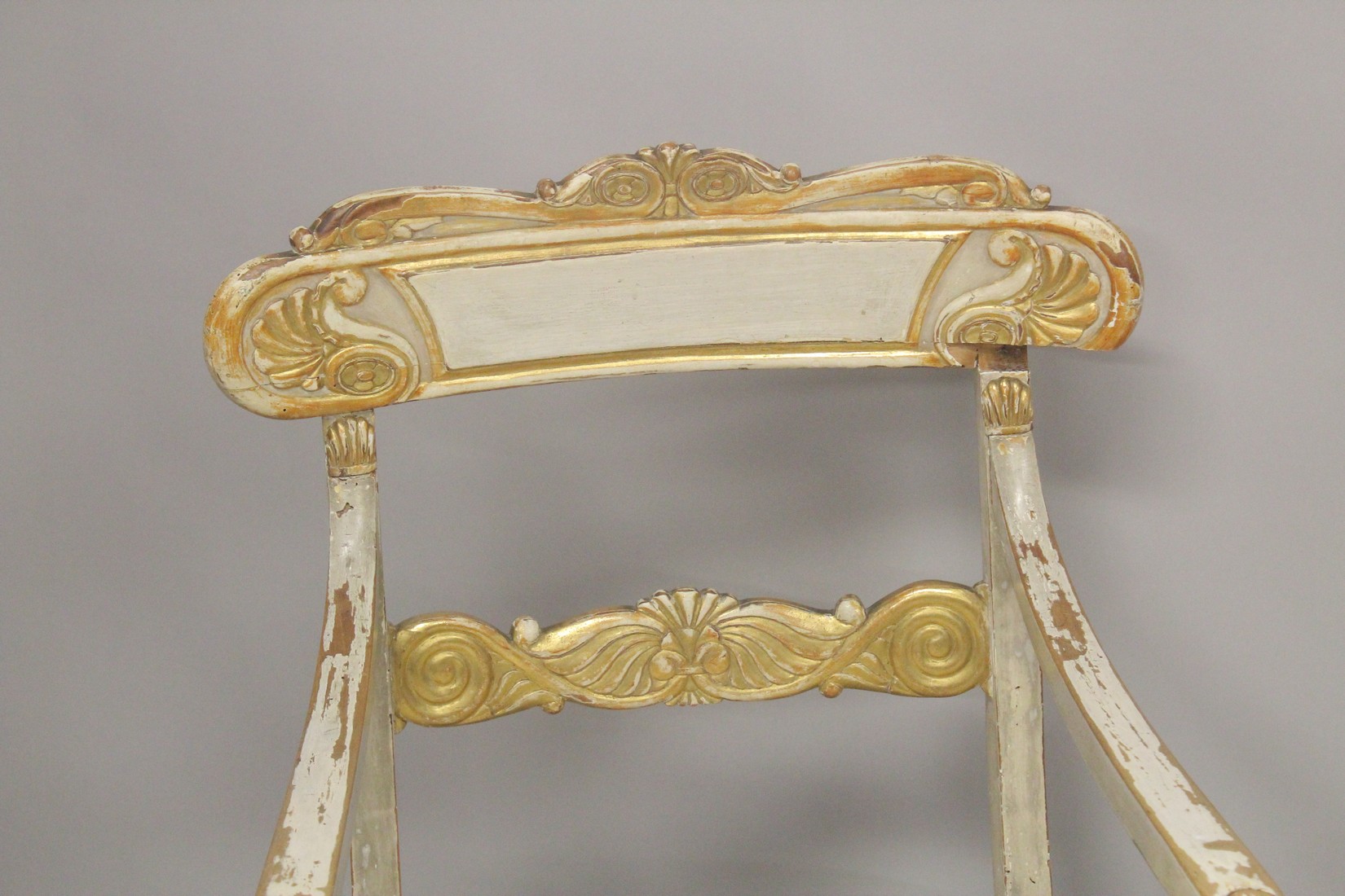 A PAIR OF CARVED, PAINTED AND PARCEL GILDED OPEN ARMCHAIRS, with floral upholstered overstuffed - Image 4 of 5