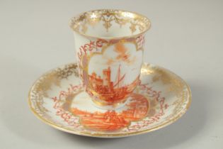 A GOOD BEAKER AND SAUCER, well painted with iron-red monochromes scenes of figures in a European
