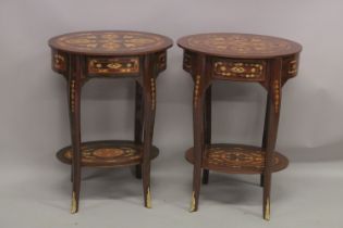 A PAIR OF LOUIS XVI DESIGN OVAL BEDSIDE TABLES. 2ft 5ins high x 1ft 9ins wide.