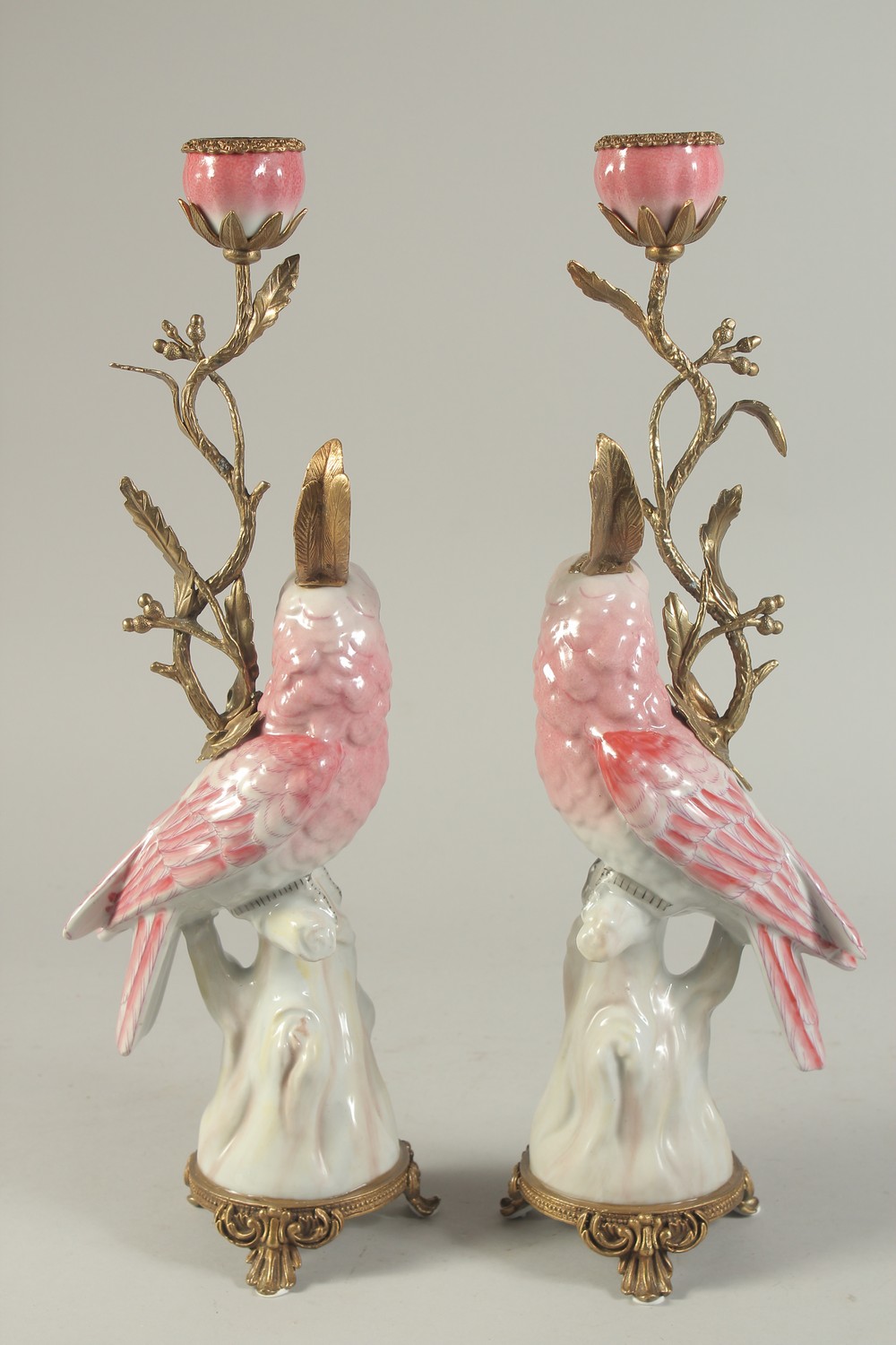 A PAIR OF PINK PARROT CANDLESTICKS with gilt metal sconces and bases. 16ins high. - Image 2 of 2