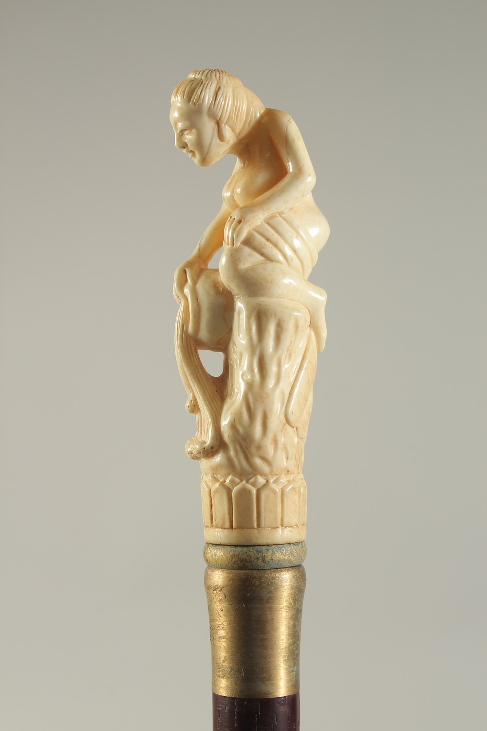 A CARVED BONE HANDLED WALKING STICK "SEMI-NUDE". - Image 2 of 3