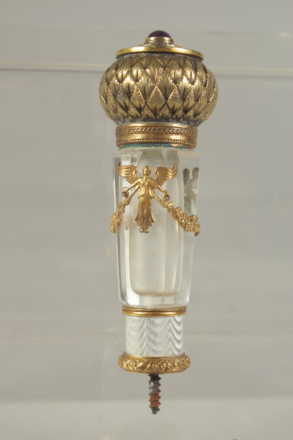 A SUPERB RUSSIAN SILVER GILT CRYSTAL AND ENAMEL WALKING CANE HANDLE. 11cms long, in a Faberge case.