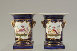 ENGLISH PORCELAIN SPILL HOLDERS, probably Chamberlains, painted with birds and flowers within cobalt