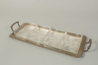 A FOUR PIECE PLATED SANDWICH TRAY with glass liners. 16ins long.