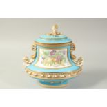 A SUPERB SEVRES DESIGN OVAL TUREEN AND COVER with pale blue ground edged in gilt, the sides with