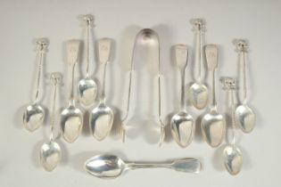 A SET OF SIX ELEPHANT FINIAL TEA SPOONS, FIVE FIDDLE PATTERN TEA SPOONS AND A PAIR OF GEORGE III