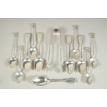 A SET OF SIX ELEPHANT FINIAL TEA SPOONS, FIVE FIDDLE PATTERN TEA SPOONS AND A PAIR OF GEORGE III