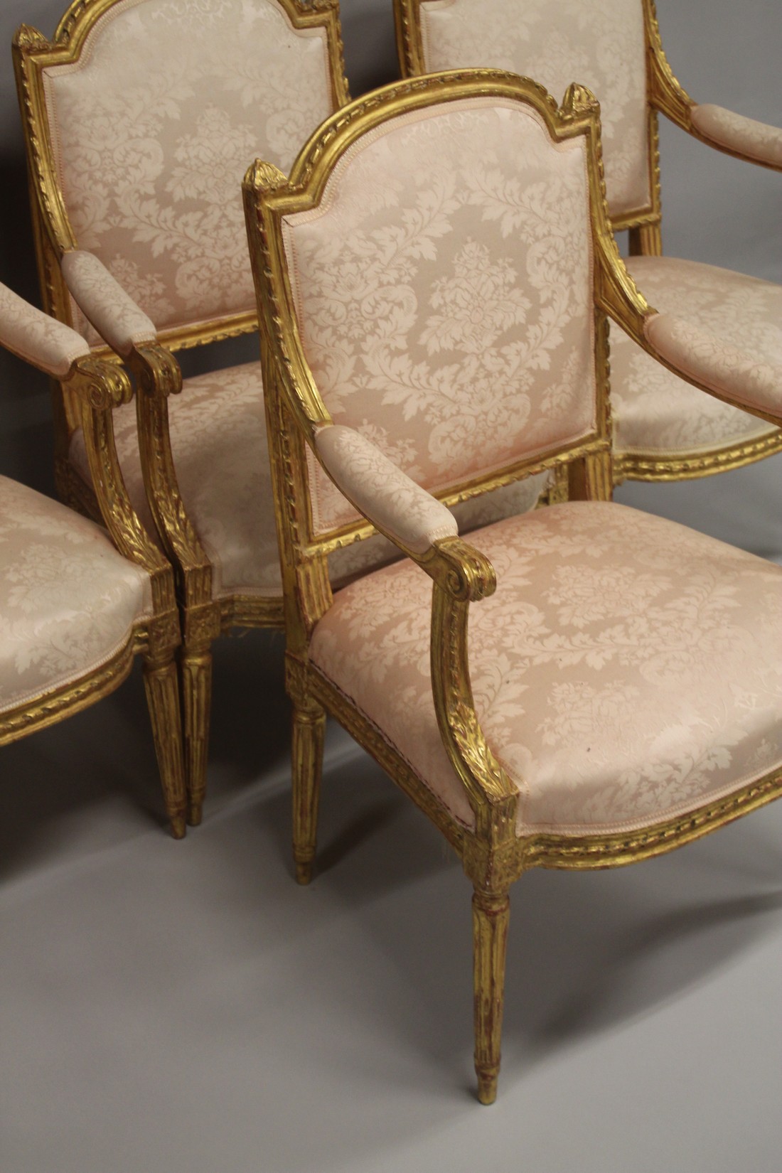 A VERY GOOD SET OF FOUR 19TH CENTURY LOUIS XVITH DESIGN FAUTEUIL with satin backs, arms and seats, - Image 4 of 4