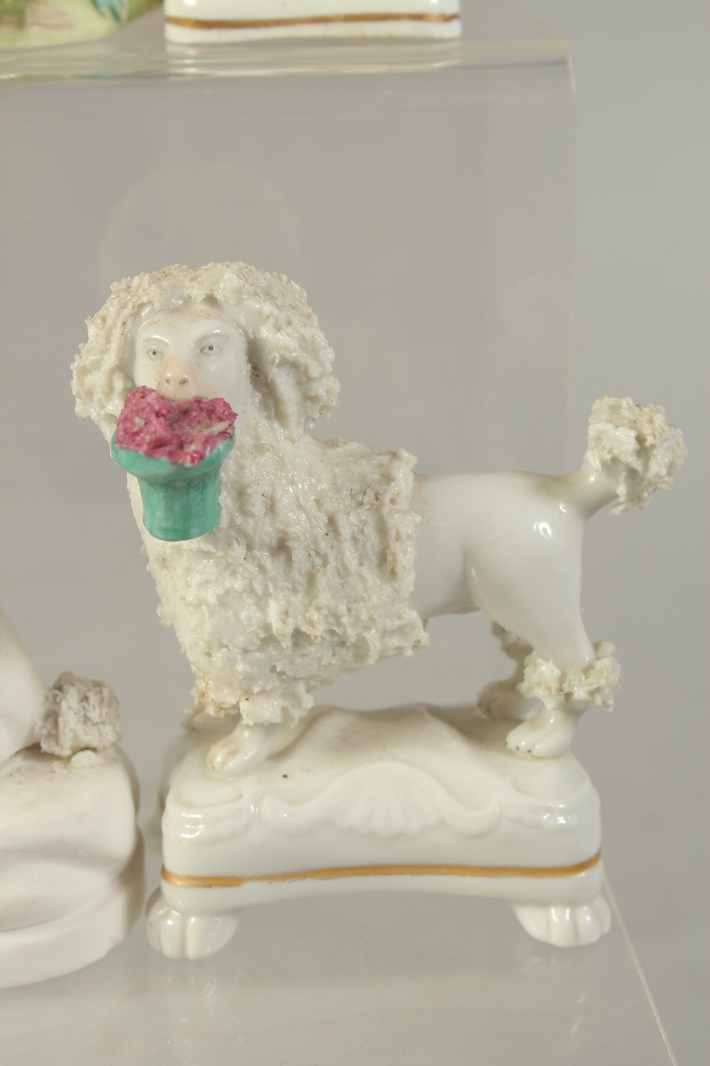 FOUR STAFFORDSHIRE TYPE POODLES, a similar ram and a ceramic cottage with wooden roof. - Image 7 of 7