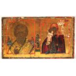 A 19TH CENTURY RUSSIAN DOUBLE ICON. 13cms x 23cms.