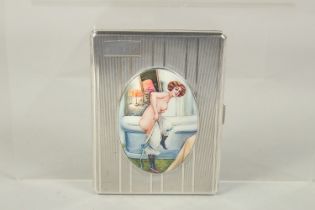 AM EDWARD VII ENGINE TURNED SILVER CIGARETTE CASE with an oval enamel, a girl getting into a bath.