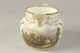 A DERBY JUG, pained with a landscape vignette Frescah Castle and Town within an elaborate gilt