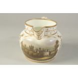 A DERBY JUG, pained with a landscape vignette Frescah Castle and Town within an elaborate gilt