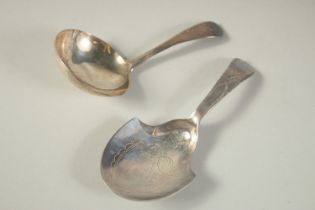 TWO GEORGIAN SILVER CADDY SPOONS. Birmingham 1797 & London 1789.