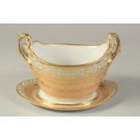 A FLIGHT BARR AND BARR WORCESTER BOAT SHAPED SUCRIER AND MATCHING STAND, heavily gilded on a