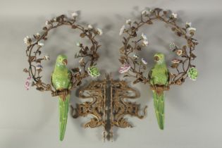 A GOOD PAIR OF GREEN PARROT PORCELAIN AND GILT METAL WALL SCONCES.