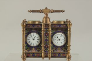 A MINIATURE DOUBLE CARRIAGE CLOCK with cloisonne decoration. 5ins high.