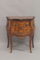 A LOUIS XVITH DESIGN INLAID BOMBE CHEST with two drawers, on curving legs.