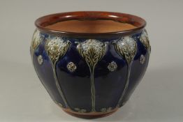 A ROYAL DOULTON BLUE STONEWEAR CIRCULAR JARDINIERE. 10ins diameter.