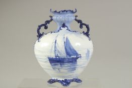 A ROYAL CROWN DERBY TWO-HANDLED VASE, painted with sailing vessels in blue, by WEJ Dean, date mark