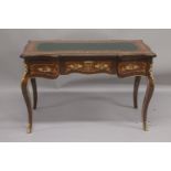 A LOUIS XVI STYLE MAHOGANY INLAID BUREAU PLAT with inset leather top, three frieze drawers and