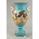 A SEVRES DESIGN LIGHT BLUE GROUND TWO-HANDLED VASE with classical scenes.. 19ins high.