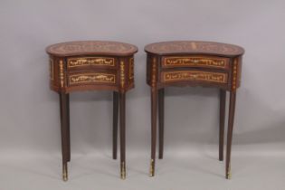 A NEAR PAIR OF LOUIS XVI DESIGN INLAID KIDNEY SHAPED BEDSIDE TABLES. 2ft 6ins high x 1ft 10ins