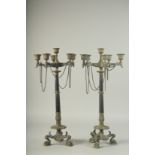 A GOOD PAIR OF 19TH CENTURY METAL AND BRONZE SIX LIGHT CANDELABRA on curving claw feet. 20ins high.