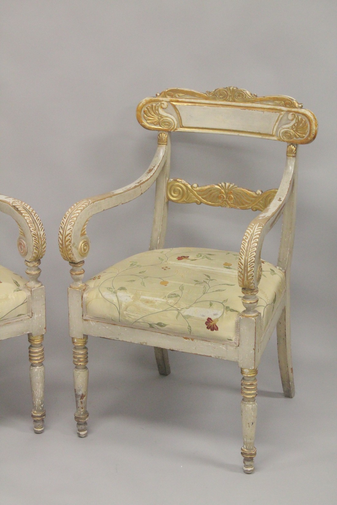 A PAIR OF CARVED, PAINTED AND PARCEL GILDED OPEN ARMCHAIRS, with floral upholstered overstuffed - Image 3 of 5