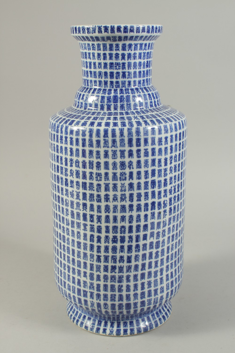 A LARGE CHINESE BLUE AND WHITE PORCELAIN 'LONGEVITY' VASE, with characters all over. 42cms high.