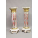 A SUPERB PAIR OF OCTAGONAL INLAID MARBLE COLUMNS with gilt metal mounts. 4ft high.