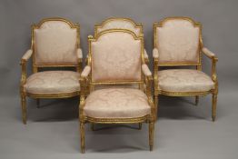 A VERY GOOD SET OF FOUR 19TH CENTURY LOUIS XVITH DESIGN FAUTEUIL with satin backs, arms and seats,