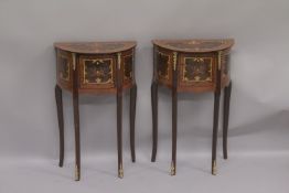 A PAIR OF LOUIS XVI DESIGN INLAID HALF MOON BEDSIDE TABLES with three drawers on curving legs. 2ft