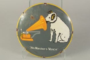 A CIRCULAR ENAMEL SIGN "HIS MASTERS VOICE". 12ins diameter.